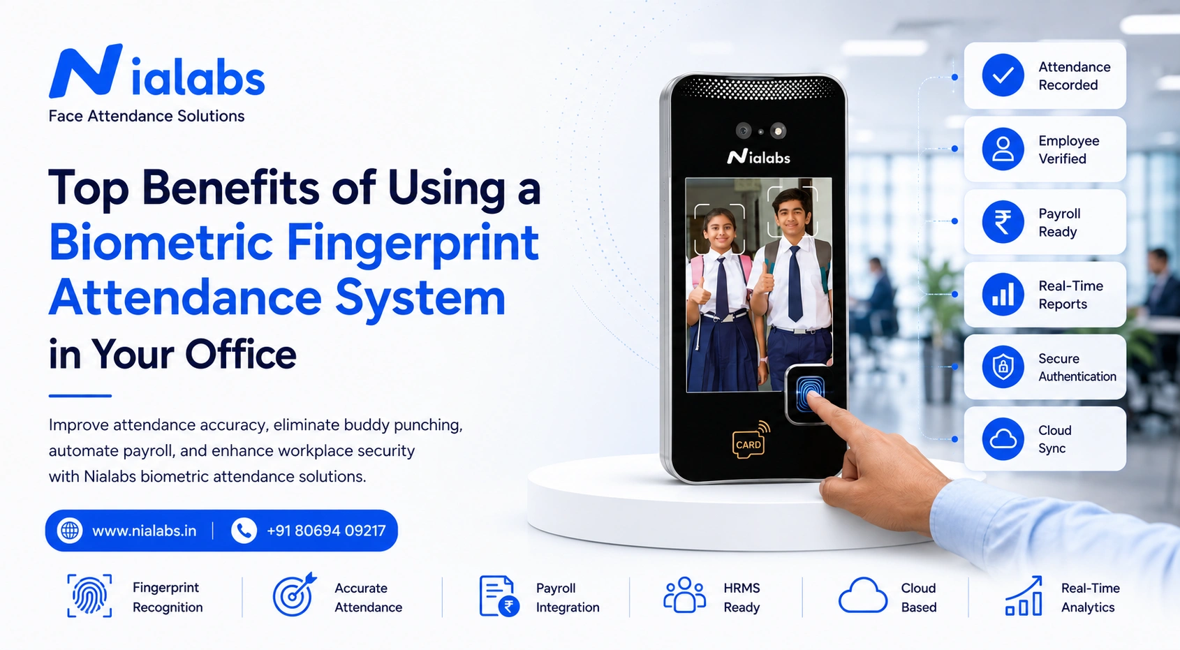 Employee using a biometric fingerprint attendance system for secure office attendance tracking