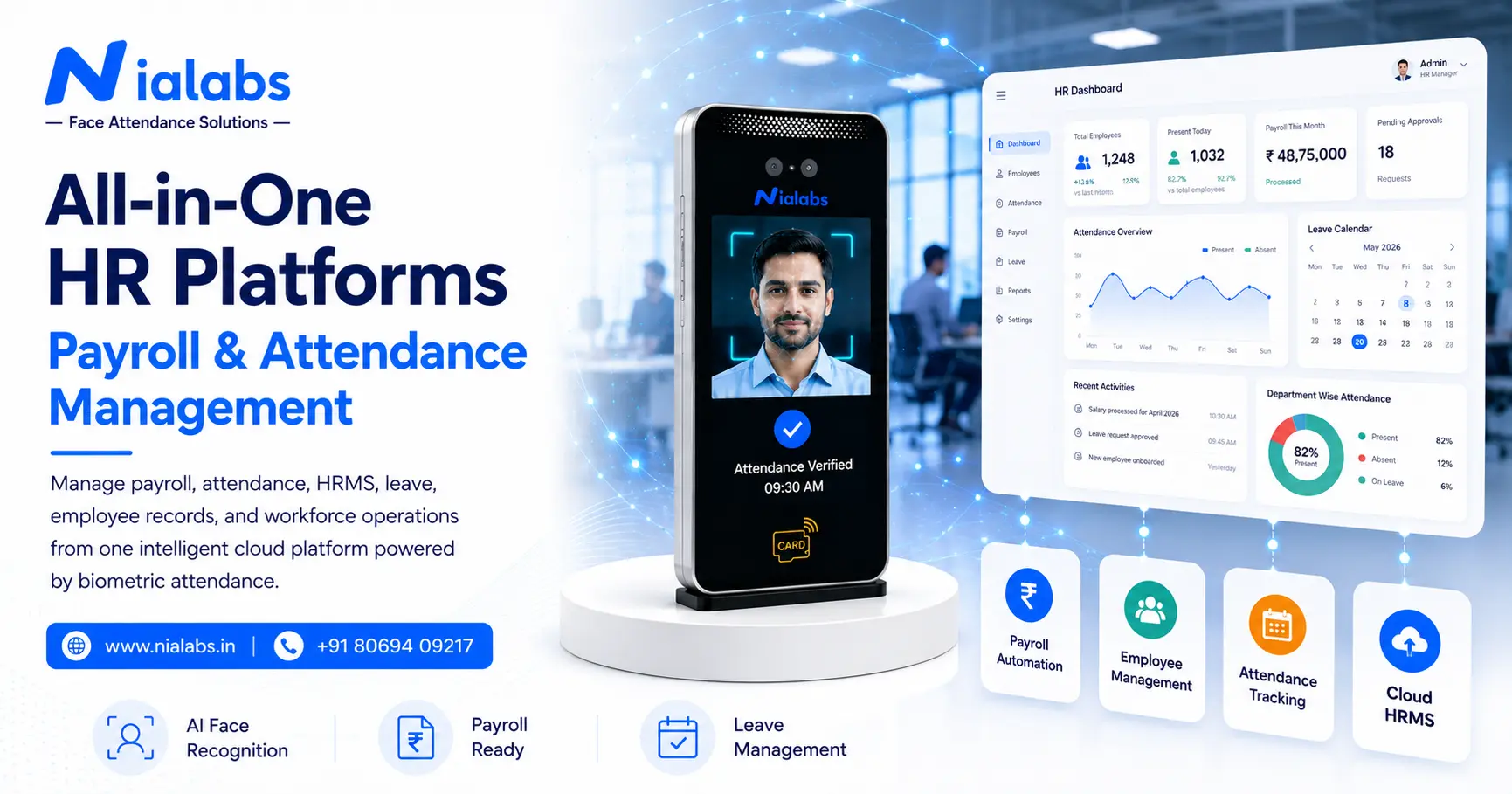 All-in-one HR platform with biometric attendance, payroll management, HRMS, and workforce automation dashboard