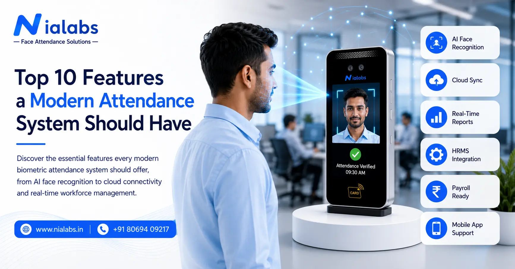 Top 10 features of a modern attendance system including AI face recognition, cloud sync, HRMS integration, and real-time attendance tracking