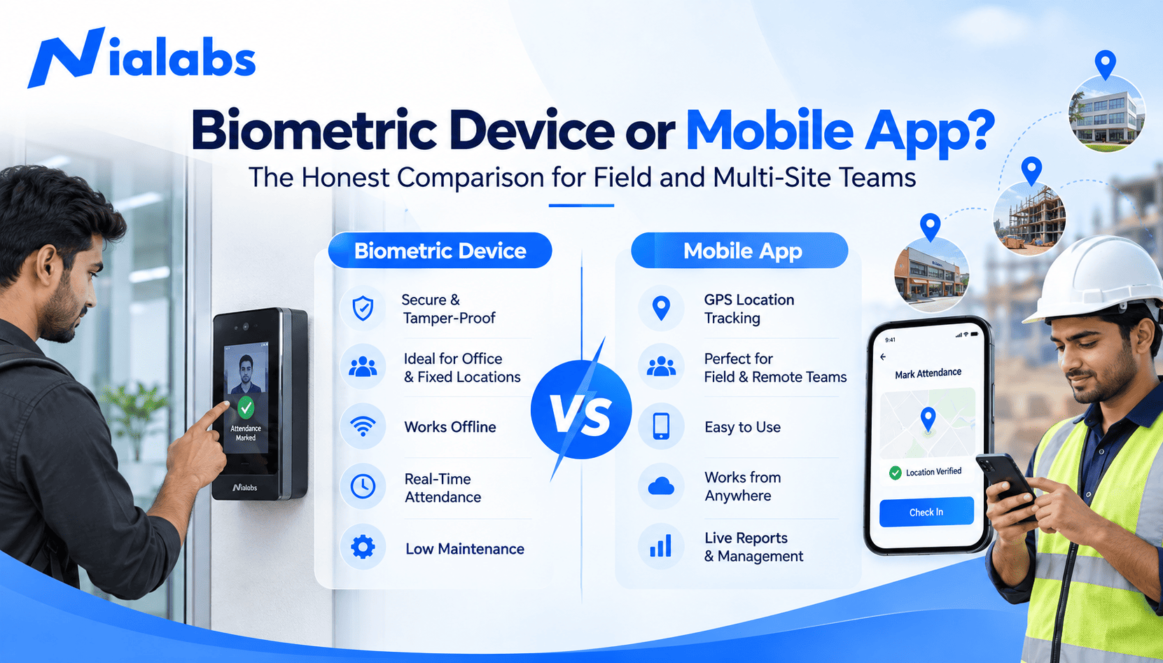 Biometric Device or Mobile App? The Honest Comparison for Field and Multi-Site Teams An attendance management system is easier when everyone works from the same office. But if you have field-based employees, such as construction teams, sales staff, service engineers, and so on, managing attendance becomes more complex. That's why many companies are comparing biometric attendance devices with mobile attendance apps. An employee can be identified by a biometric device, such as face recognition, fingerprint, or RFID scan. Employees can punch in on a mobile device using the attendance app. With GPS and Geofencing attendance, you can record attendance on a smartphone or tablet. So what is the best attendance system? The honest answer is: it depends on the work environment and what the attendance check-in requires. What is a Biometric Attendance Device? A biometric attendance device may identify an employee by means of the following biometric or identification methods: Face recognition; fingerprint recognition; RFID; QR code; face and fingerprint authentication. Employees swipe at a machine at the same place of work. Data collected from biometric attendance machines can be handled using attendance software for reporting and observation purposes, and for payroll purposes. Biometric machines are very useful when the workers operate from the same place, and there is a need for proper identity verification. What is a Mobile Attendance App? A mobile attendance app enables employees to log into an attendance system via a smartphone. If the app offers geolocation, employee login, timestamp, and geofence features, the app can track and report employee attendance. For instance, a construction company can set up a geofence around a worksite and have their employees clock in and clock out with a mobile app when inside the geofence. Mobile attendance is perfect for mobile workers at different worksites. Biometric Device vs Mobile App: Key Differences The biggest difference is how attendance is captured and where employees need to be. Factor	Biometric Device	Mobile Attendance App Best suited for	Fixed workplaces	Field and mobile teams Verification	Face, fingerprint, RFID	Mobile authentication and location Location control	Fixed device location	GPS and geofencing Hardware	Required	Smartphone based Field employees	Less flexible	Highly suitable Office employees	Highly suitable	Suitable Multi-site teams	Requires devices at sites	More flexible Proxy attendance	Strong biometric verification	Depends on app controls  When Should You Choose a Biometric Device? Using a biometric device can be a good option if your employees go to a fixed location. Offices Once you have one of our face recognition attendance systems or fingerprint devices installed, your staff will be able to check in upon arrival at work. Factories All factories have their entrances and exits. You can verify your staff by installing a biometric device. Schools and Institutions If a school has a fixed campus, then it can deploy a biometric attendance system at its offices. Warehouses Businesses can deploy a biometric machine at the entrances for checking the attendance of their office and warehouse employees. The benefit here is identity verification at one point. When is a Mobile Attendance App Better? A mobile attendance system can be more convenient for remote workers. Sales Teams Field staff may go from one customer site to another. Mobile attendance provides an easy way for them to clock in and out when out in the field. Construction Teams Construction crews may need to work at a different work site for every project. GPS-enabled devices can pinpoint locations for accurate clocking in and out at different sites. Engineers Service workers visiting customer locations are able to submit their attendance digitally rather than using a fixed-location attendance machine. Field & Delivery Staff Staff working across various locations can submit their presence via their mobile rather than establishing numerous attendance machines. What Works Better for Multi-Site Teams? For multi-site companies, there is no single solution that will fit all employees. A business with multiple locations could introduce biometric clocks on the various sites. Although this would act as a physical stamp and time clock for staff to register their attendance, it would mean installing hardware at all locations. A mobile app might offer more convenience to employees on the move. However, ensure you consider the depth of identity verification, GPS accuracy, geofencing, mobile connectivity, and access security used by the app. Where possible, companies are often better served by both options. Why Consider a Hybrid Attendance System? There may not be a need to select biometric attendance software or a mobile app. Some hybrid attendance systems may take a different approach for each worker category. Here are some example options: •	Office worker - face recognition •	Factory worker - fingerprint or face recognition •	Construction team - mobile GPS attendance •	Sales employee - mobile attendance •	Field service team - GPS and geofencing In this way, it will be possible for enterprises to select the most suitable registration type for all of their employee groups and control the attendance of all employees from one registration system. What About Proxy Attendance? Proxy attendance prevention is another important consideration. Biometric devices: The employee can be verified by their face or fingerprint, and no other individual can mark the attendance of that particular employee. Mobile presence has different controls. Based on the system, organizations can use GPS, geofencing, authentication, timestamps, and more to control mobile presence misuse. Thus, companies need to consider how attendance verification is done, whether they go with a device or an application. Managing Attendance Across Multiple Sites For companies present on multiple branches, offices, factories, or project sites, a centralized attendance system is crucial. A cloud-based attendance system can assist HR and admin teams in: •	Monitor attendance across locations •	Review employee attendance records •	Track late arrivals and absences •	Manage multiple sites •	Generate attendance reports A biometric time attendance system that links attendance information to HR and payroll gives you a single view of attendance rather than multiple sources of data. Biometric Device or Mobile App: Which Fits Your Workforce? Choose a biometric device when your employees' location is fixed, and you need a high level of confirmation for their identities. Choose a mobile attendance app when your employees are working at various locations, and you want their attendance logged via GPS or geofencing. If your company has both fixed and field teams, you can implement a hybrid attendance system. How Nialabs Can Help Nialabs provides a biometric attendance solution built on AI face recognition, with fingerprint, RFID, and mobile GPS attendance. Companies can select the right combination according to their employees and workplaces. Conclusion The best option for your organization depends on your employees' work location and working style. Fixed attendance is ideal for workplaces, but the mobile option is great if your business operates across locations in the field. For those having to manage employees in different locations, both options can be combined. FAQ Is a biometric device superior to a mobile attendance app? Fixed location employees are best served by biometric devices, while mobile and field workforce can benefit from a mobile attendance app. Can I track employees using the mobile attendance app? Mobile app attendance can confirm the location of employees using GPS and geofencing. Is it possible to use both? Yes, by choosing a hybrid approach of using biometric devices for a fixed location and using the mobile attendance app for field teams.   Internal Link Map (editor reference, remove before publishing) #	Type	Anchor text	Section	Target URL 1	Homepage	attendance management system	Intro (existing)	https://nialabs.in/ 2	Service	biometric attendance device	What is a Biometric Attendance Device?	https://nialabs.in/products/biometric-attendance-machine/ 3	Service	biometric attendance solution	How Nialabs Can Help	https://nialabs.in/face-recognition-attendance-system/ 4	Service	biometric time attendance system	Managing Attendance Across Multiple Sites	https://nialabs.in/hrms-software/ 5	Blog	payroll purposes	What is a Biometric Attendance Device?	https://nialabs.in/blog/enhancing-payroll-accuracy-with-biometric-attendance-systems-nialabs-biometrics/ 6	Blog	deploy a biometric attendance system	Schools and Institutions	https://nialabs.in/blog/why-indian-schools-are-shifting-to-biometric-attendance-systems/ 7	Blog	business with multiple locations	What Works Better for Multi-Site Teams?	https://nialabs.in/blog/biometric-attendance-for-multi-location-businesses/ 8	Blog	Proxy attendance prevention	What About Proxy Attendance?	https://nialabs.in/blog/how-to-stop-proxy-attendance/ 9	Glossary	GPS and Geofencing attendance	Intro	https://nialabs.in/glossary/geofencing-attendance/ 10	Glossary	cloud-based attendance system	Managing Attendance Across Multiple Sites	https://nialabs.in/glossary/cloud-based-attendance/